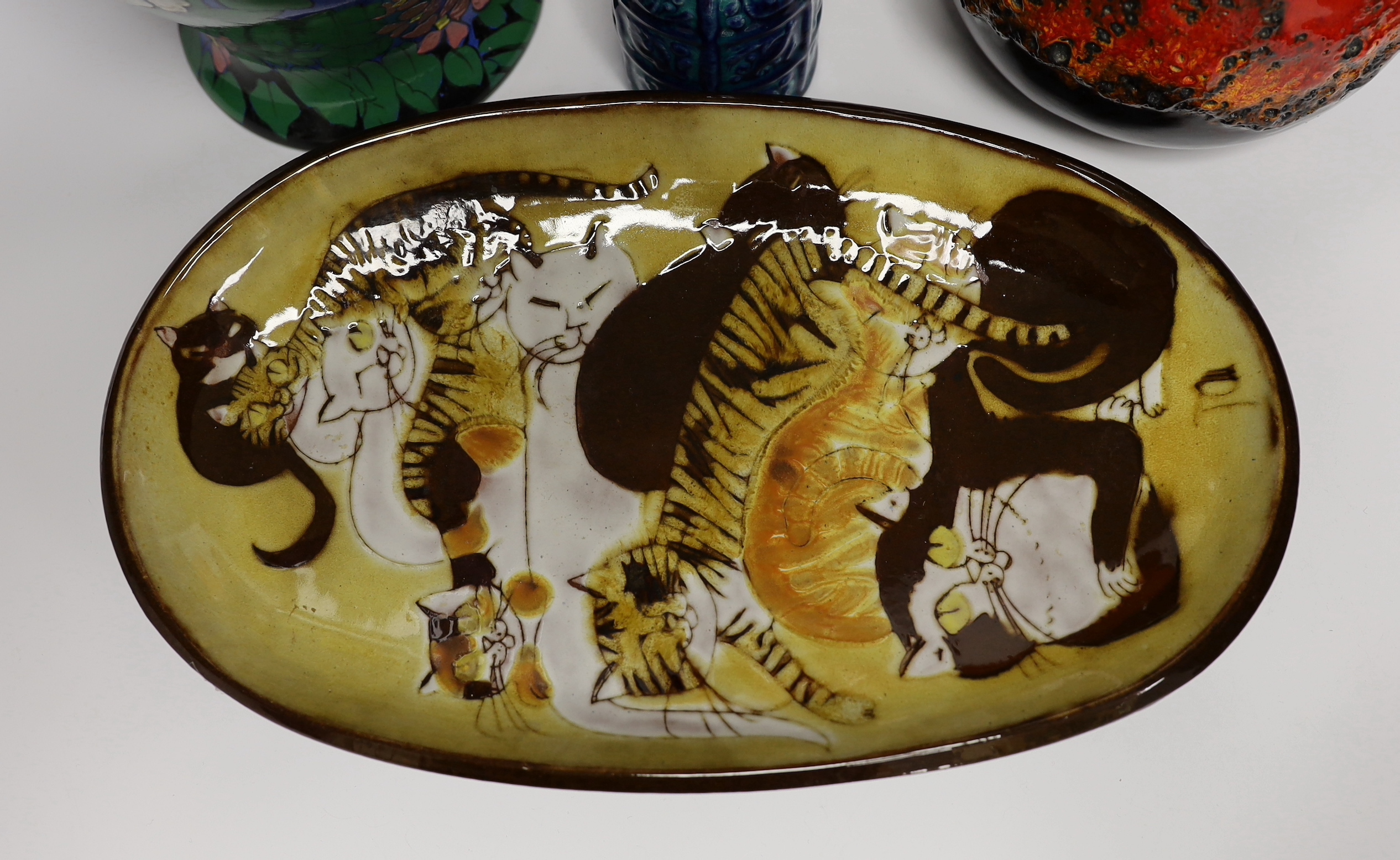Five mid century pottery pieces including a Joyce Morgan 'cat' tray, an Adderley blue ground vase, and three W. German vases including 'Fat Larva' vase, tallest 42cm